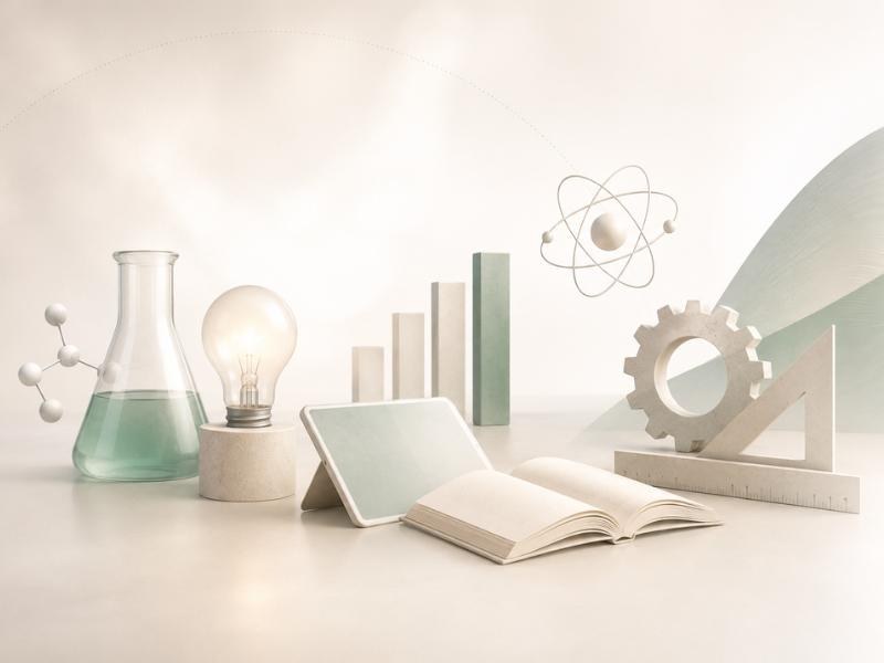 A flask, light bulb, tablet, open book, gear and ruler arranged on a table