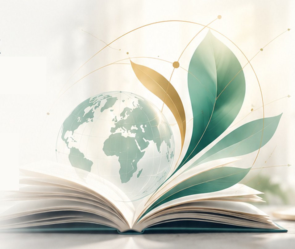 An open book with a globe and green leaves growing from its pages